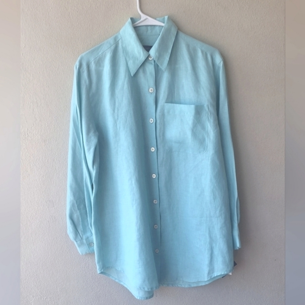 Liz Claiborne 100% Linen Minty Green Aqua Long Sleeve Men's Shirt Size S NWT - Picture 2 of 4